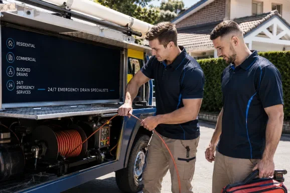 Two licensed plumbers working at the van