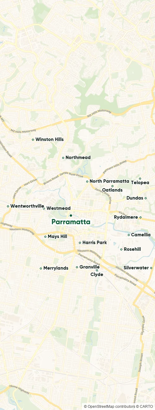 Map of the North Sydney plumbing service area, showing the suburbs we cover from Riverstone and Schofields through Quakers Hill and North Sydney to Prospect and Toongabbie